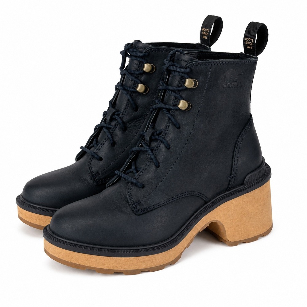 Sorel Hi-Line Heel Lace Boots Women Sz 8 Black‎ Leather Ankle Block Heel